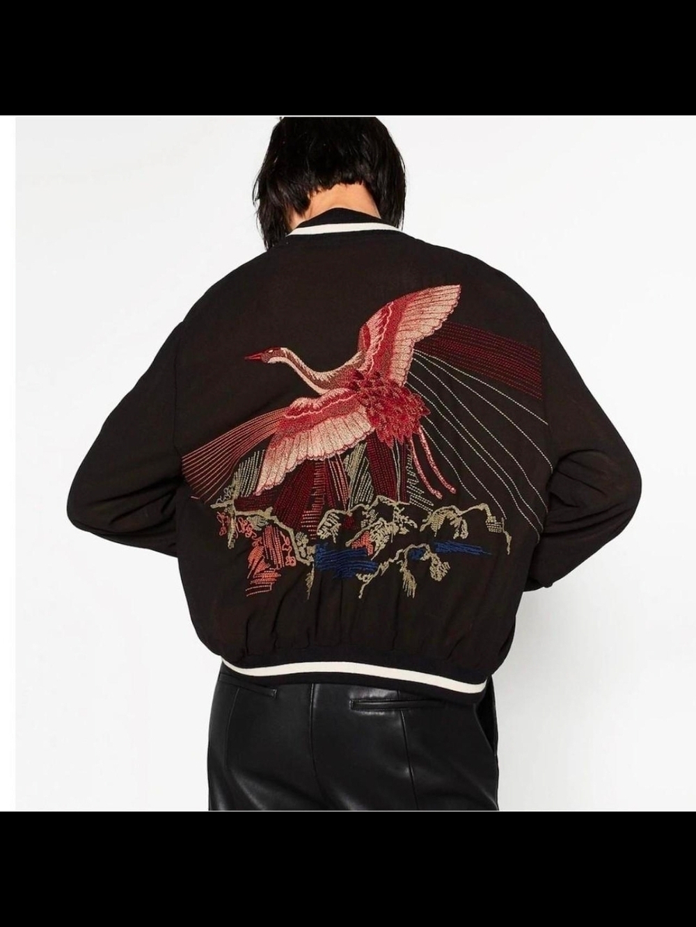 ZARA Embroidered Crane Bomber Reversible Jacket - Black with Red Embroidery
